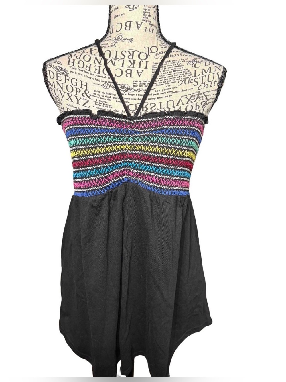 Rue21 Black Smocked Halter Tank Top Colorful Embroidered Boho Festival Cami M